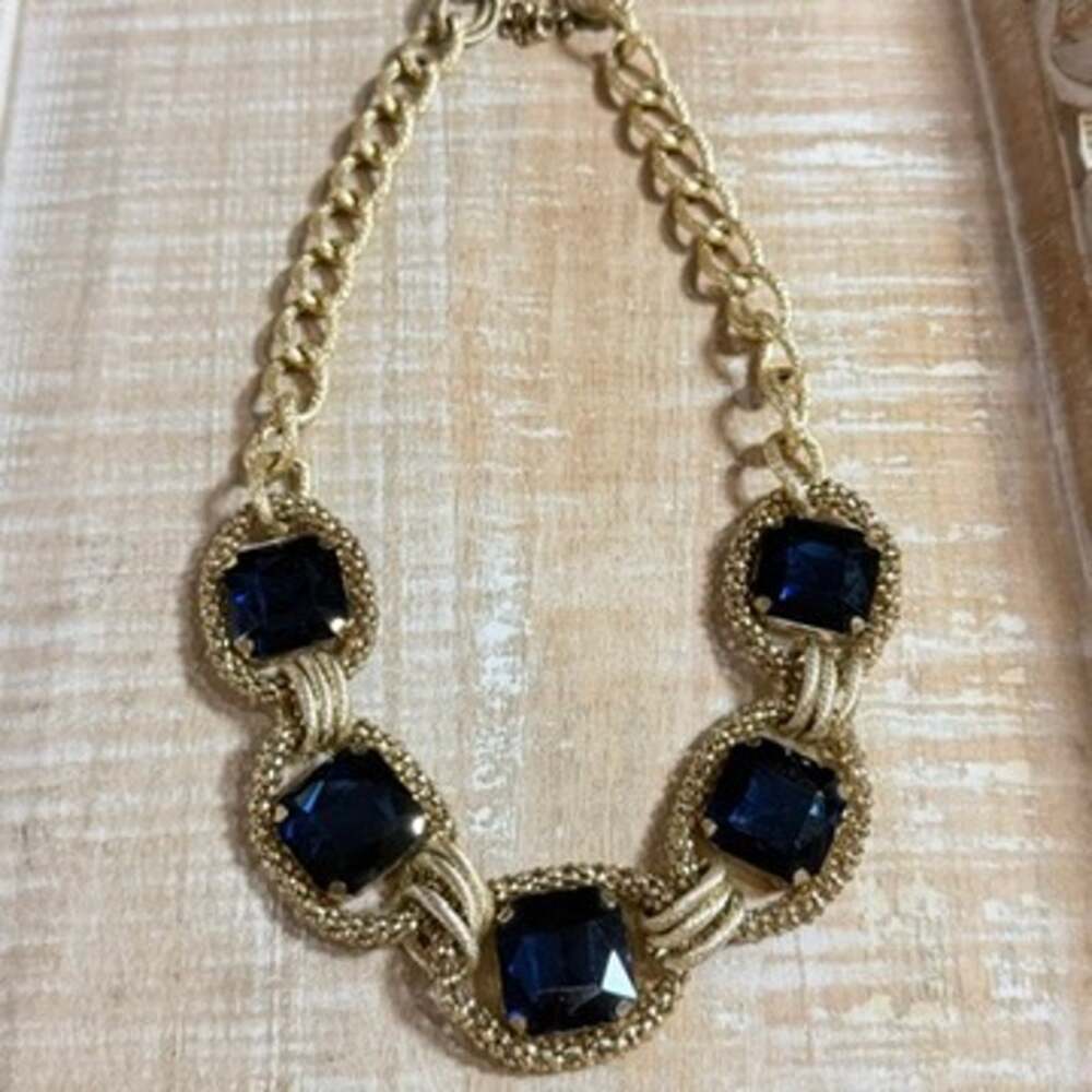 Necklace Gold Tone Faux Sapphire Blue Glass Statement Mesh Oval Link Collar 80s